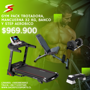 Gym Pack Trotadora, Mancuerna 32 Kg, Banco Y Step Aerobico