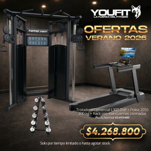 Trotadora Comercial L30T + Polea Cruzada 2050 con 200 kg de peso total + Rack con mancuenras cromadas