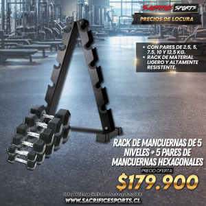 Rack de Mancuernas de 5 Niveles + 5 Pares de Mancuernas Hexagonales